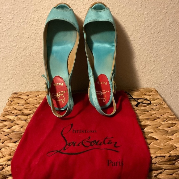 Reposing Christian Louboutin 39 Blue Satin Platform Espadrille Wedge High Heels. - Picture 1 of 3